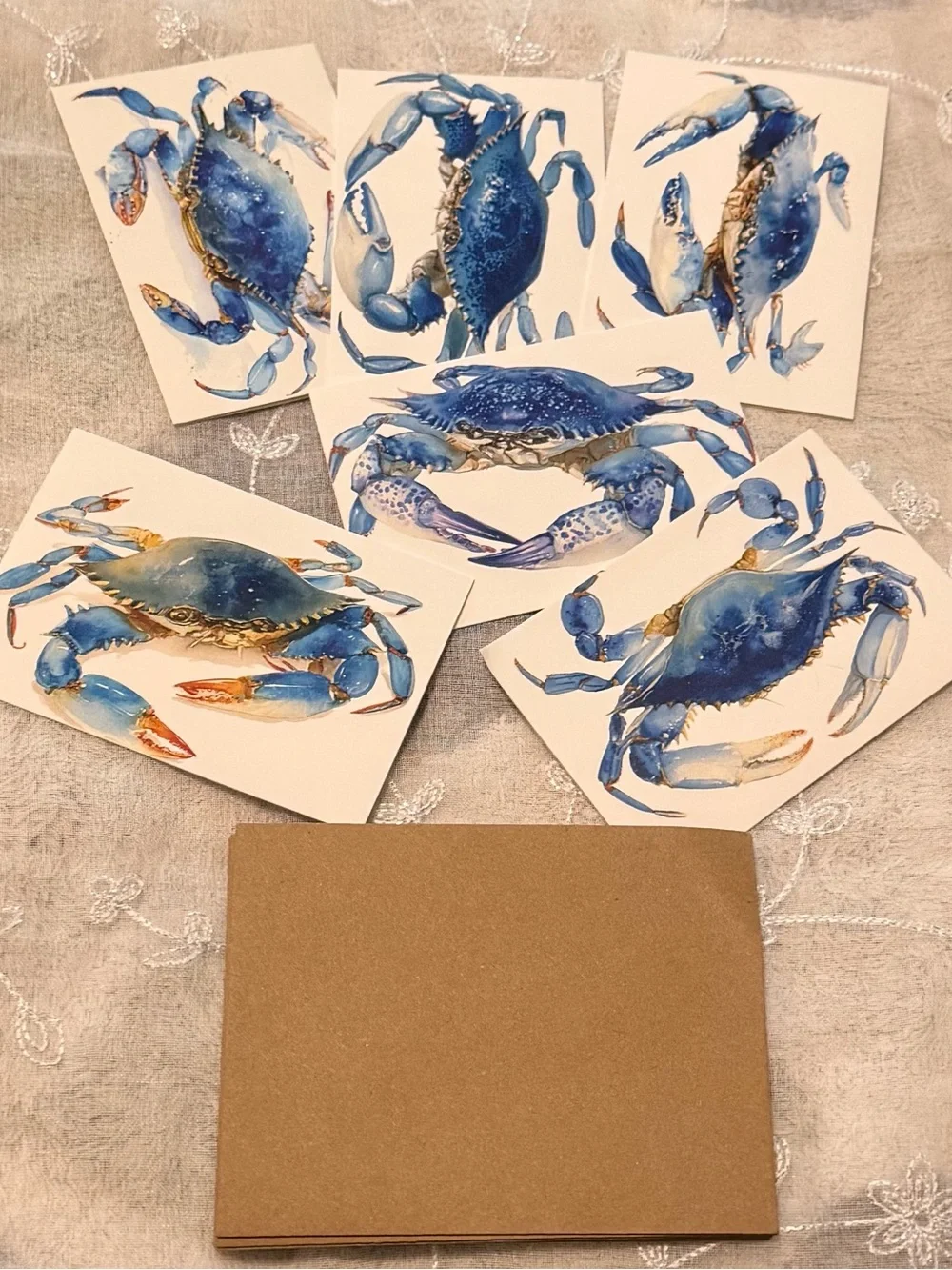 6 Blue Crab Art Note Cards - Set of Illustrated Sea Life Cards #278